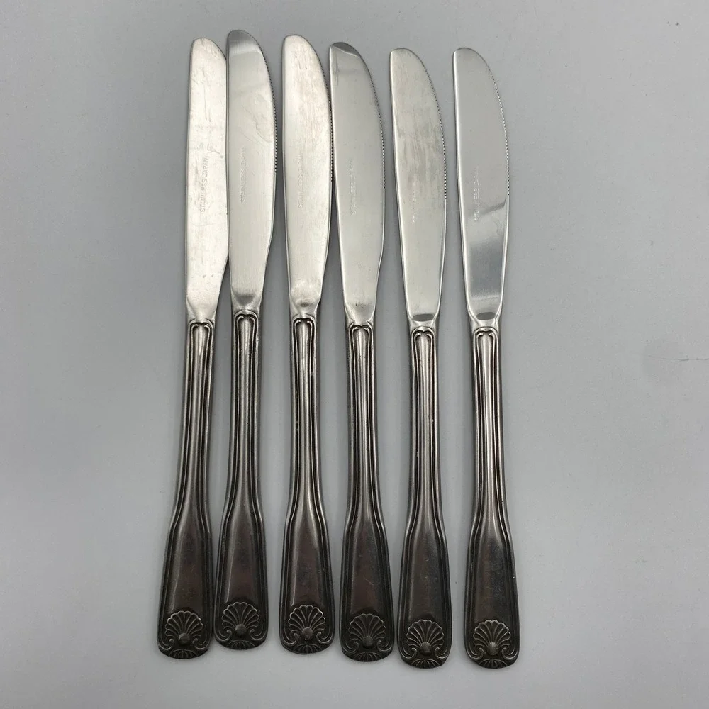Rogers Antique Shell Dinner Knives Set of 6 Stainless Japan Silverware‎ Flatware